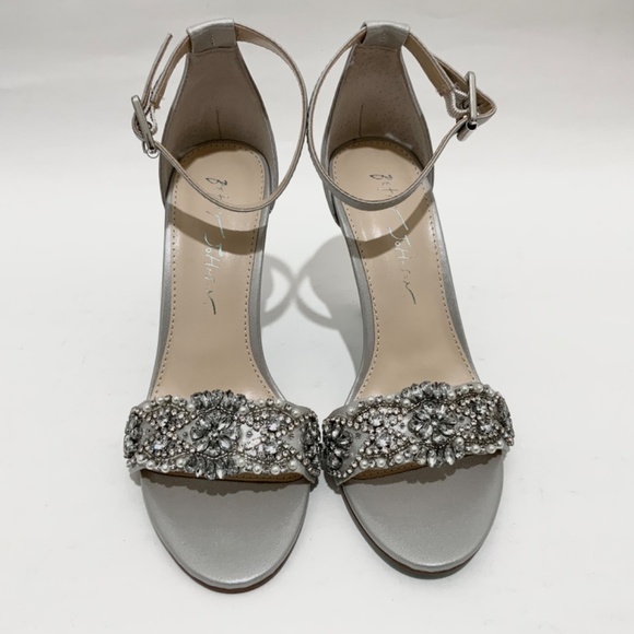 Betsey Johnson Gina Jeweled Ankle Strap Dress Sandals Silver Satin Stiletto Heel - Picture 8 of 14